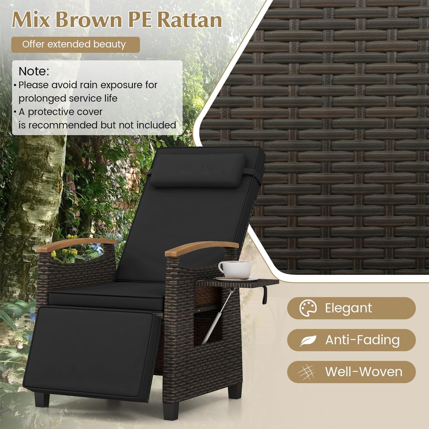 RELAX4LIFE Rattan Outdoor Recliner Chair - Wicker Chaise Lounge Chair w/Adjustable Back & Footrest, Acacia Wood Armrests, Flip Side Table, Cushion, Reclining Patio Chair for Pool Yard (2, Black)