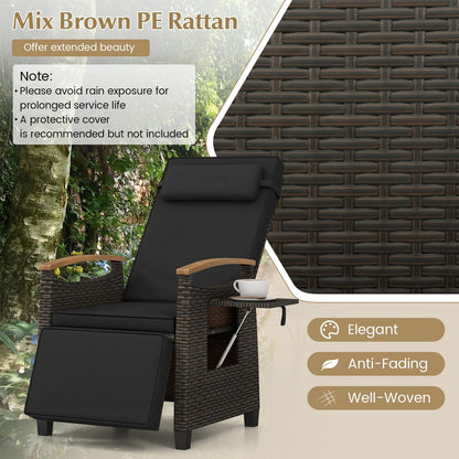 RELAX4LIFE Rattan Outdoor Recliner Chair - Wicker Chaise Lounge Chair w/Adjustable Back & Footrest, Acacia Wood Armrests, Flip Side Table, Cushion, Reclining Patio Chair for Pool Yard (2, Black)