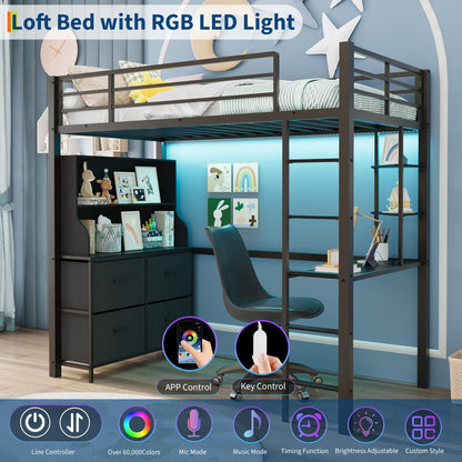 GarveeHome Loft Bed Twin Size with Desk, 4 Large Fabric Drawers and 2 Storage Shelves, Heavy Duty Metal Loft Bed with LED Lights & Charging Sation, Safety Guard & Ladder, No Box Spring Needed, Black