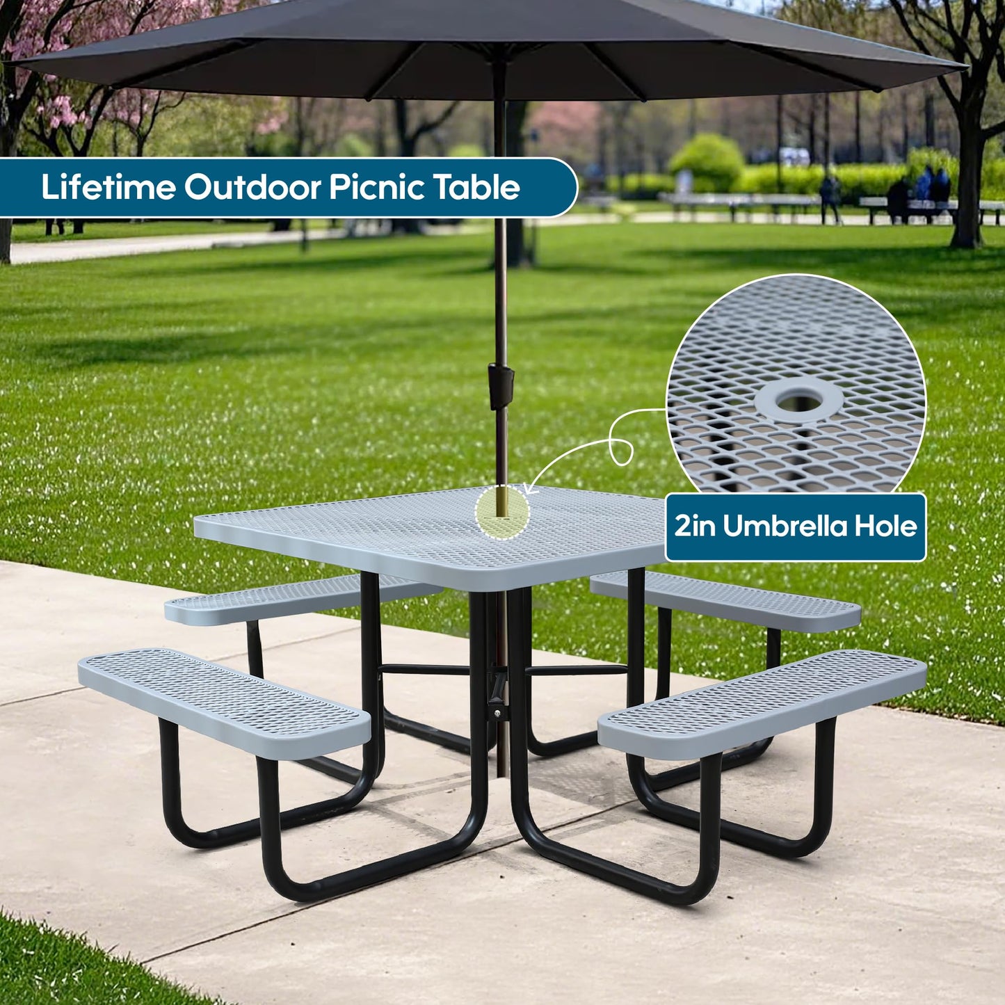 Sunnibety 8-Person Picnic Tables for Outdoors, Industrial 46" Expanded Metal Square Picnic Table with 4 Benches & Umbrella Hole, Outside Table and Bench Set for Garden, Backyard, Porch, Patio, Grey