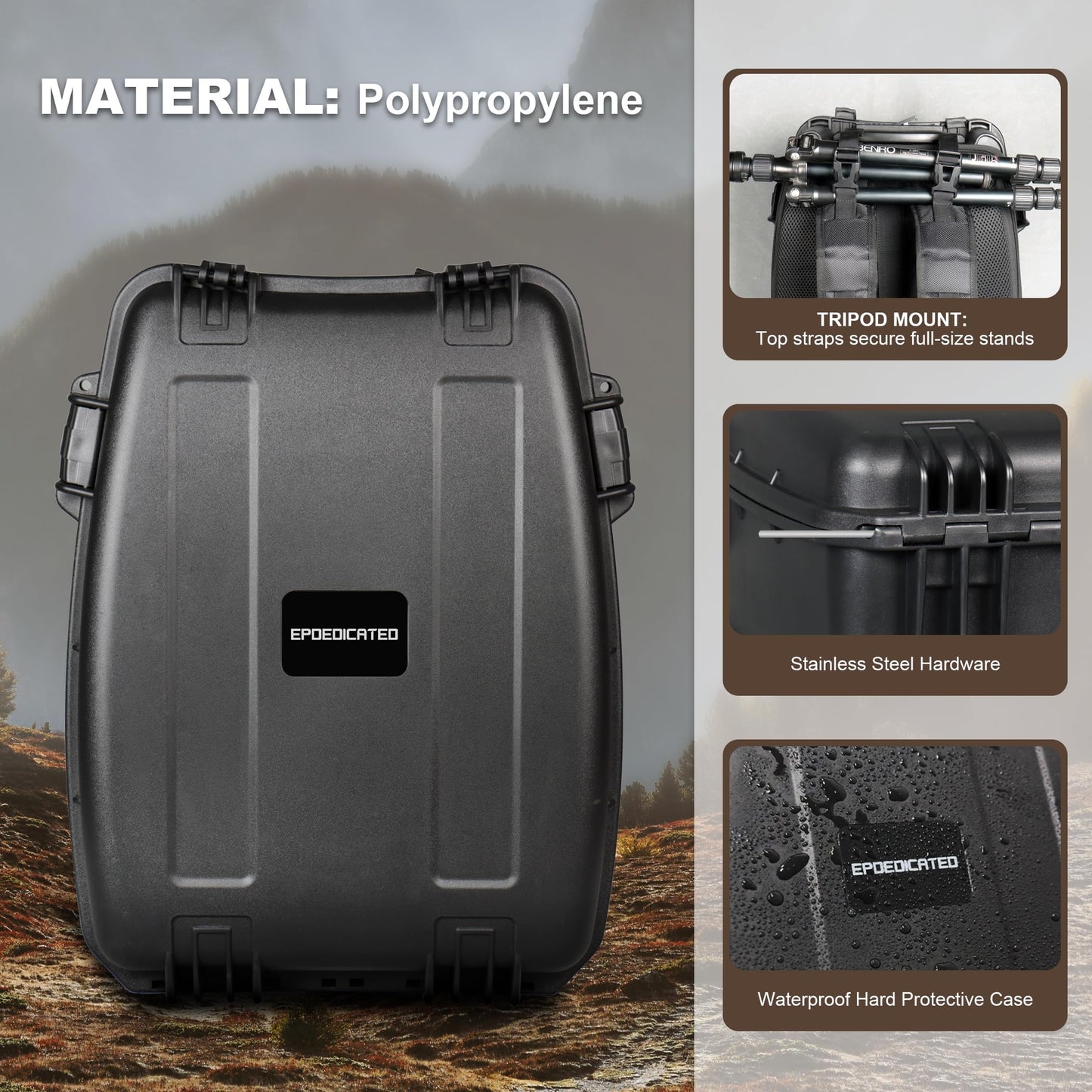 EPDEDICATED Waterproof Hard Case for DSLR Cameras and Drones with Customizable Foam, TSA Ready Lock, Carry On Size Camera Backpack (Black)
