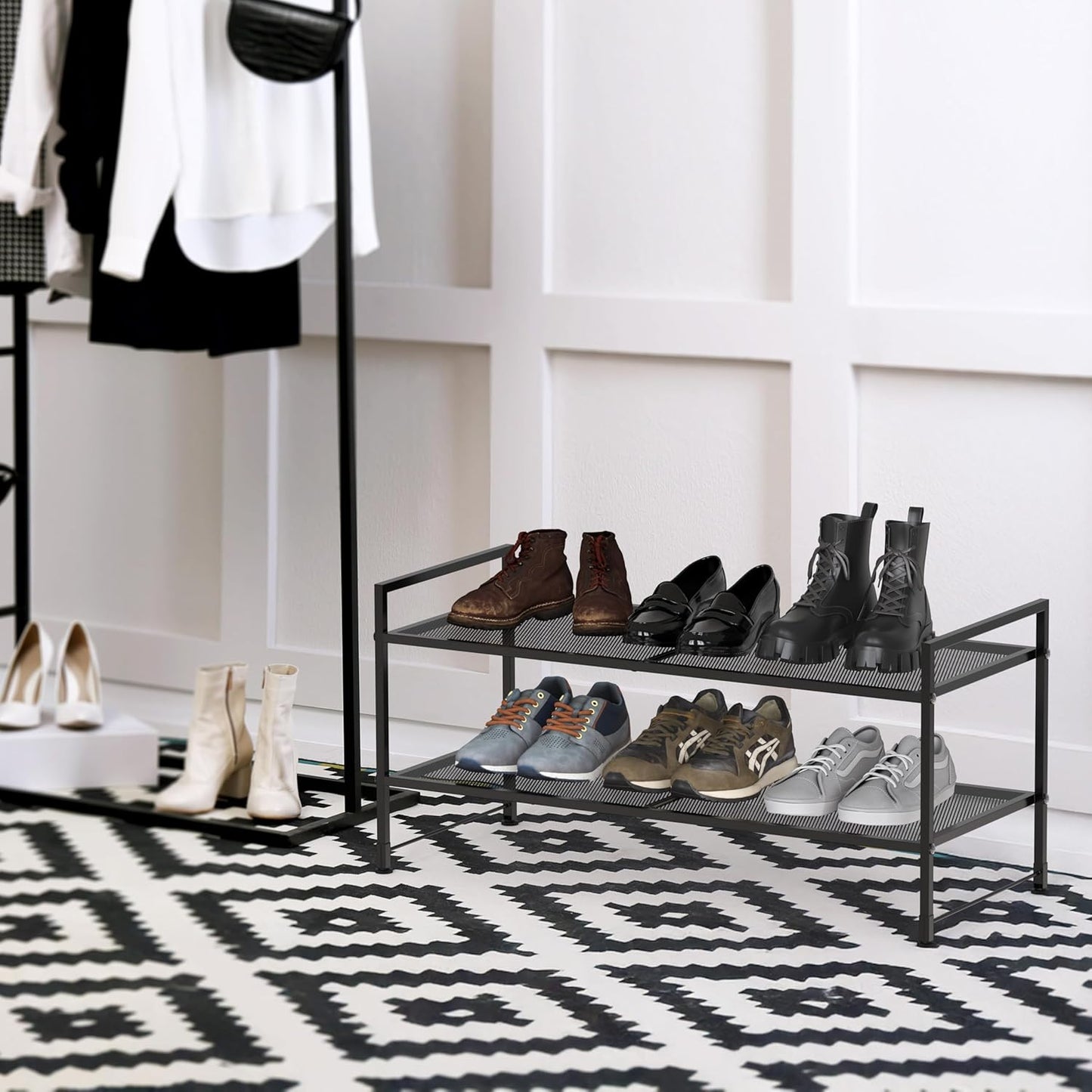 2-Tier Simple Houseware Stackable Mesh Shoe Rack, Black