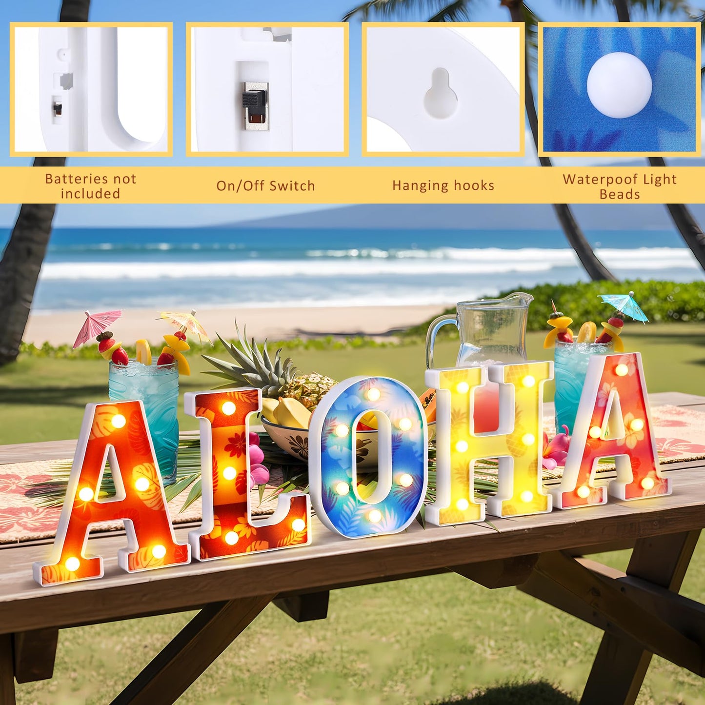 Grinsvalley Hawaiian Luau Party Decorations Aloha Light up Sign Summer Aloha LED Marquee Letter for Party Decorations Hibiscus Tropical Alphabet Letter Summer LED Lights for Wedding Night Birthday