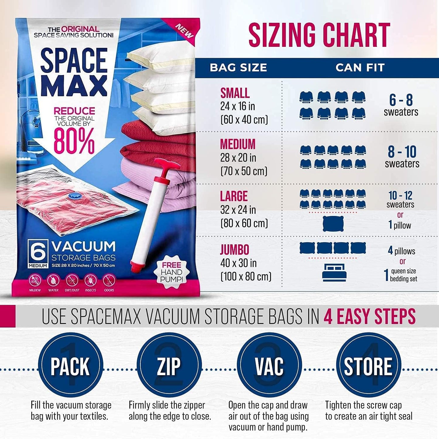 Premium Jumbo 6 Pack Space Saver Vacuum Storage Bags - Reusable, Double Zip Seal & Leak Valve, Includes Hand Pump