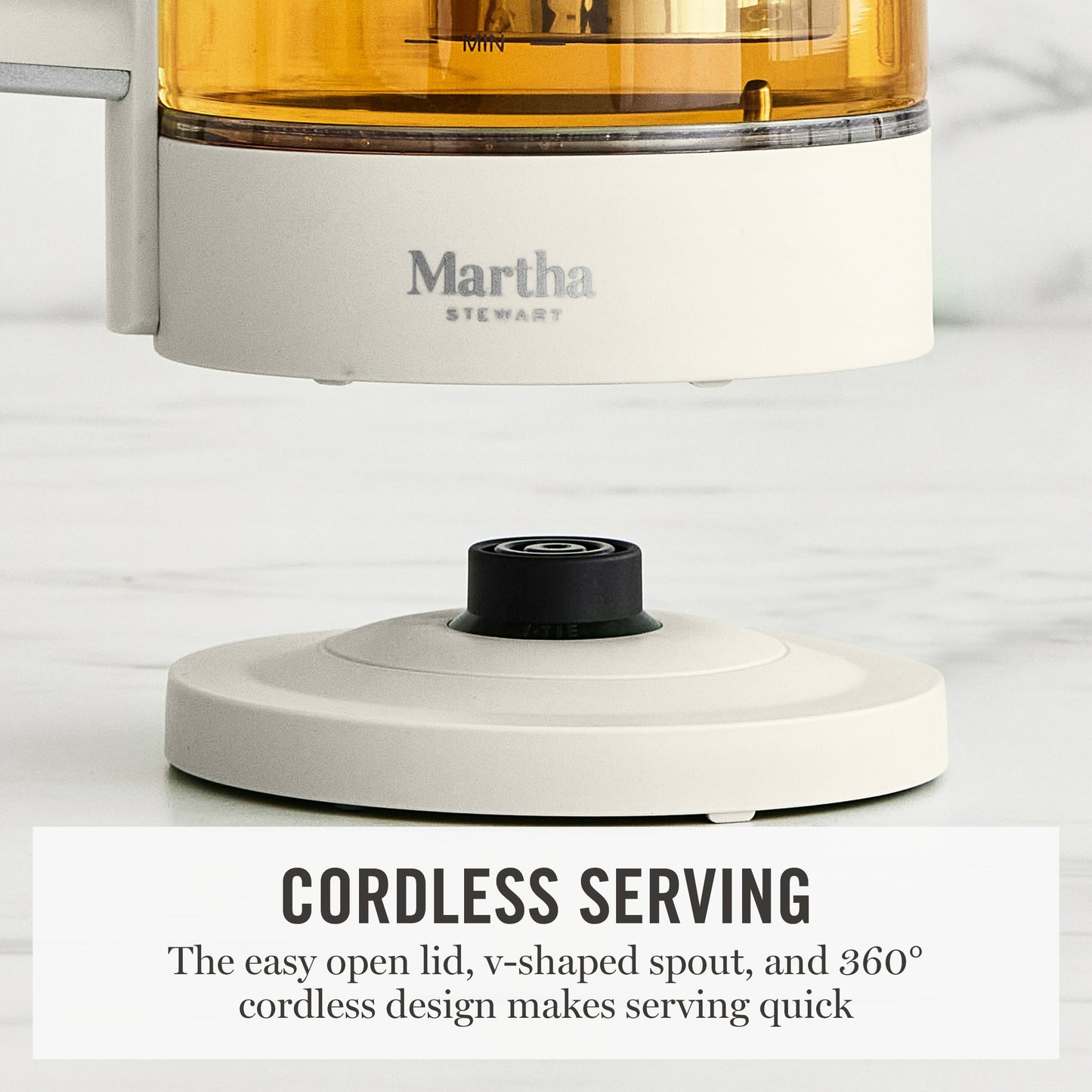 Martha Stewart  Electric Kettle with Removable Stainless Steel Tea Infuser, Glass Carafe 1.7L (7 Cups), Hot Water Boiler, 4 Presets, Keep Warm & Auto Shut-Off, Cordless 360° Swivel Base, Linen White