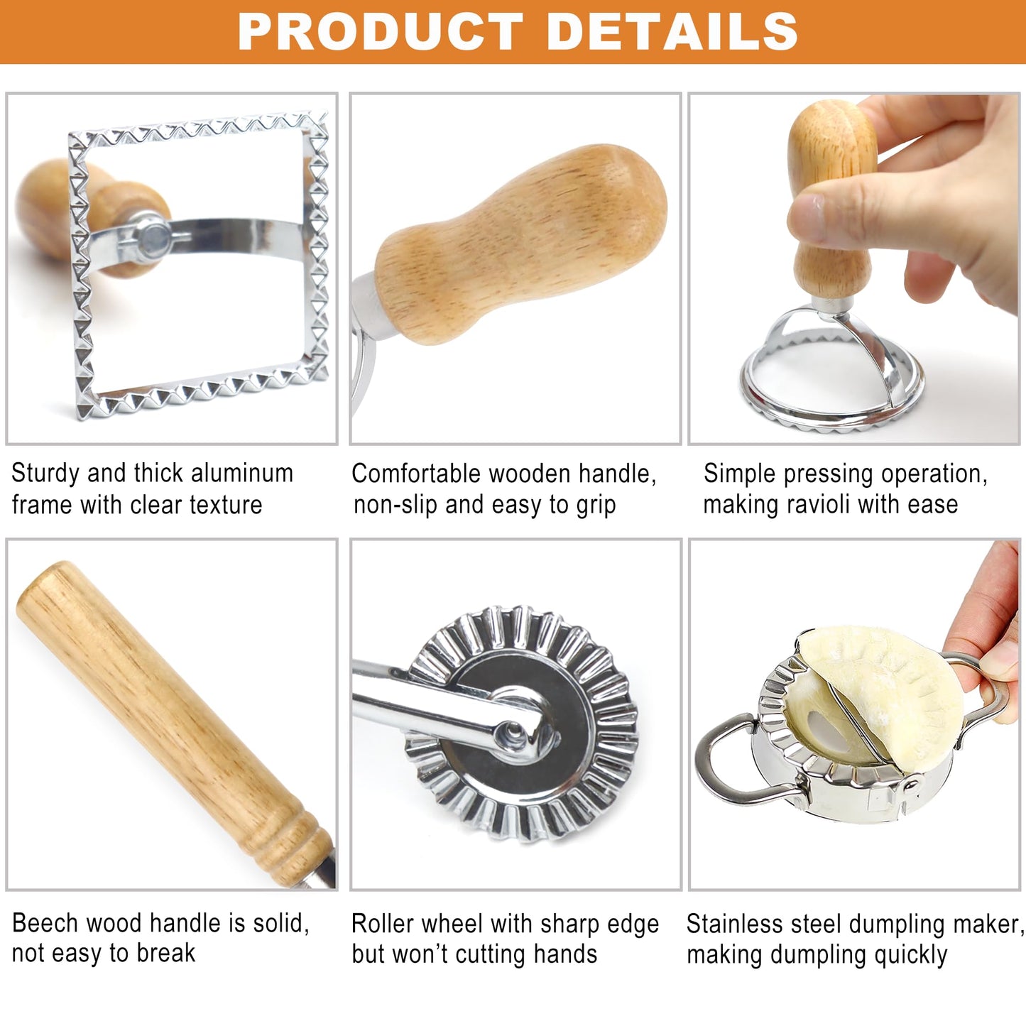 Ravioli Pasta Maker Cutter with Roller Wheel (Set of 6), Ravioli Cutter Set with Wooden Handle, Ravioli Press Dumpling Maker Tools for Ravioli, Empanada, Lasagna, Pierogi