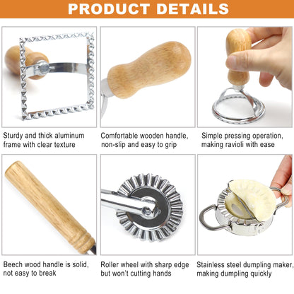 Ravioli Pasta Maker Cutter with Roller Wheel (Set of 6), Ravioli Cutter Set with Wooden Handle, Ravioli Press Dumpling Maker Tools for Ravioli, Empanada, Lasagna, Pierogi