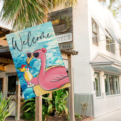Welcome Summer House Flag, Flamingo Pool Decoration, Seasonal Outdoor Farmhouse Yard Double Sided 28x40 Inch
