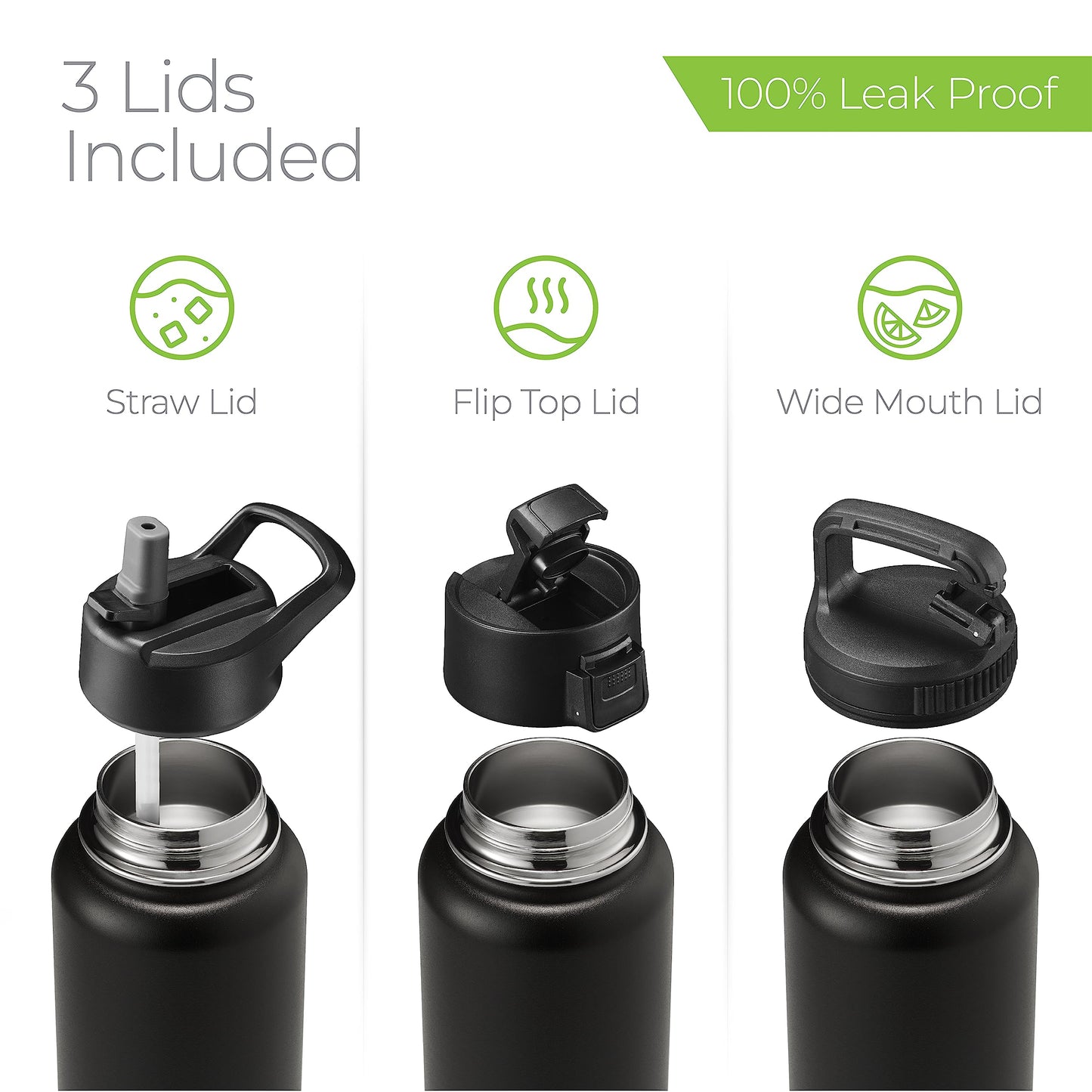 SipX™ 32 oz Insulated Water Bottle with 3 Lids – Leakproof Stainless Steel, Triple Insulated – Cold 24 Hours/Hot 12 Hours – Durable Bottle for School, Gym, Travel – Black