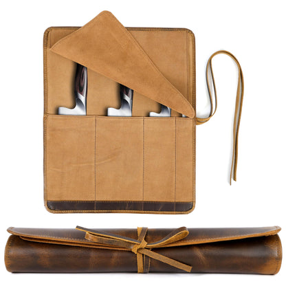 ELIZO Leather Knife Roll Bag Professional Chef Knife Case, Durable Knife Sheath Holder, Cooks & Culinary Tools Carrying Storage, Portable Knife Wrap - 4 Slots