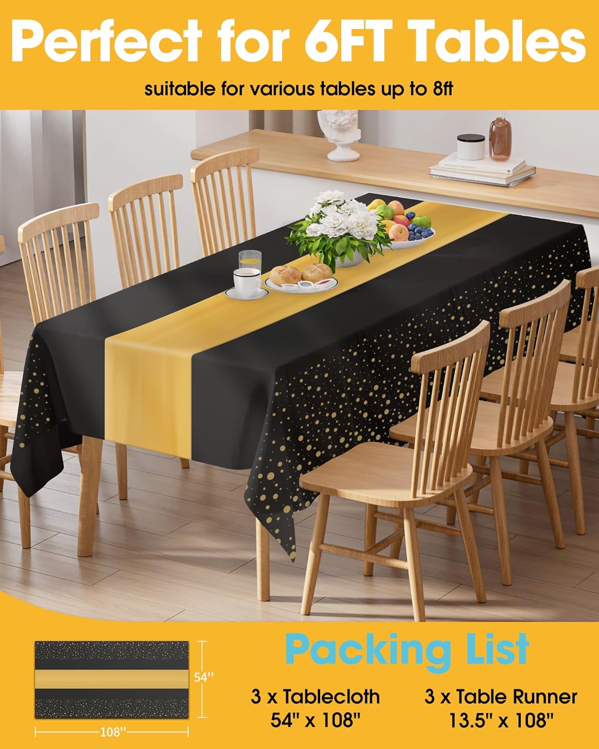 Niuara Table Cloth Set - Black and Gold Disposable Rectangle Table Cover & Runner - 3+3 Pack for Events