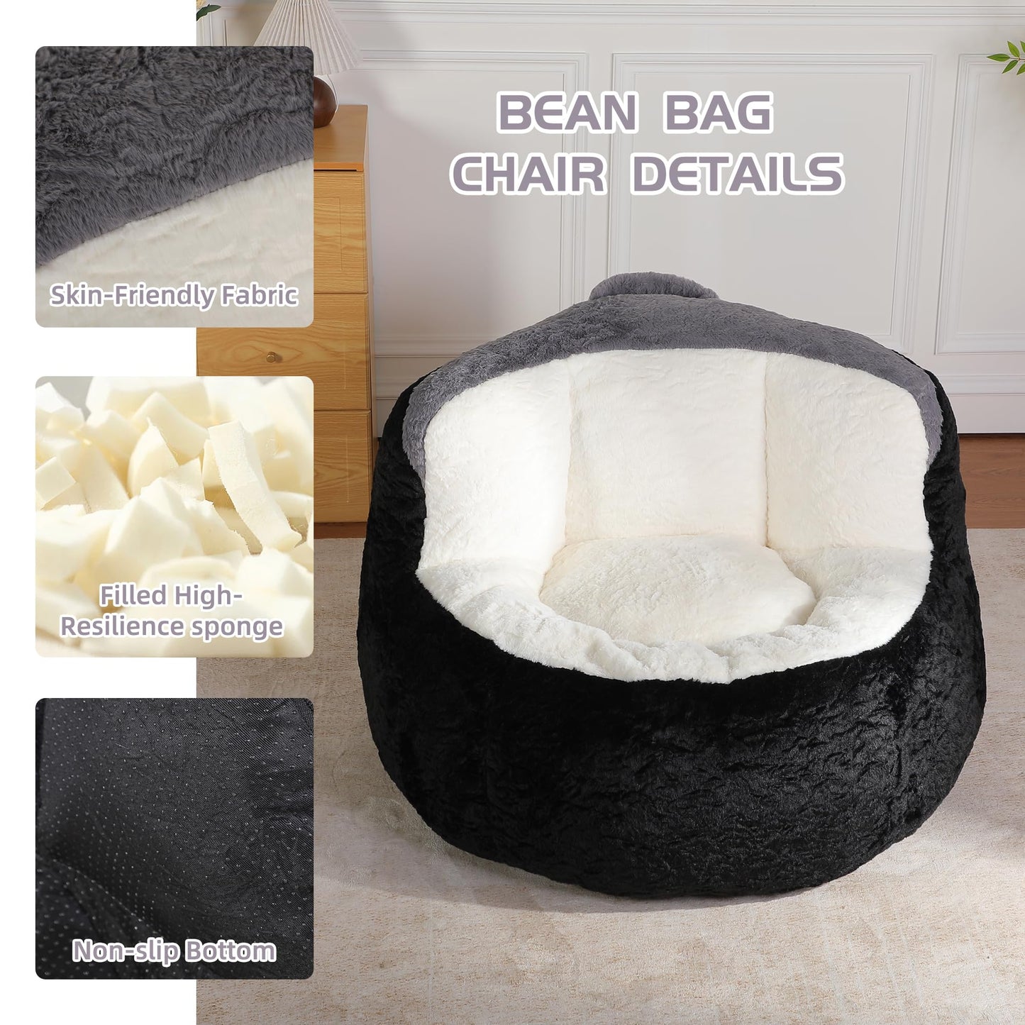 Oversized Bean Bag Chairs,Multicolor Faux Fur Couch Filled with Shredded Sponge,Large Lounger Sofa for Living Room,No Assembly Required, Black+White+Grey