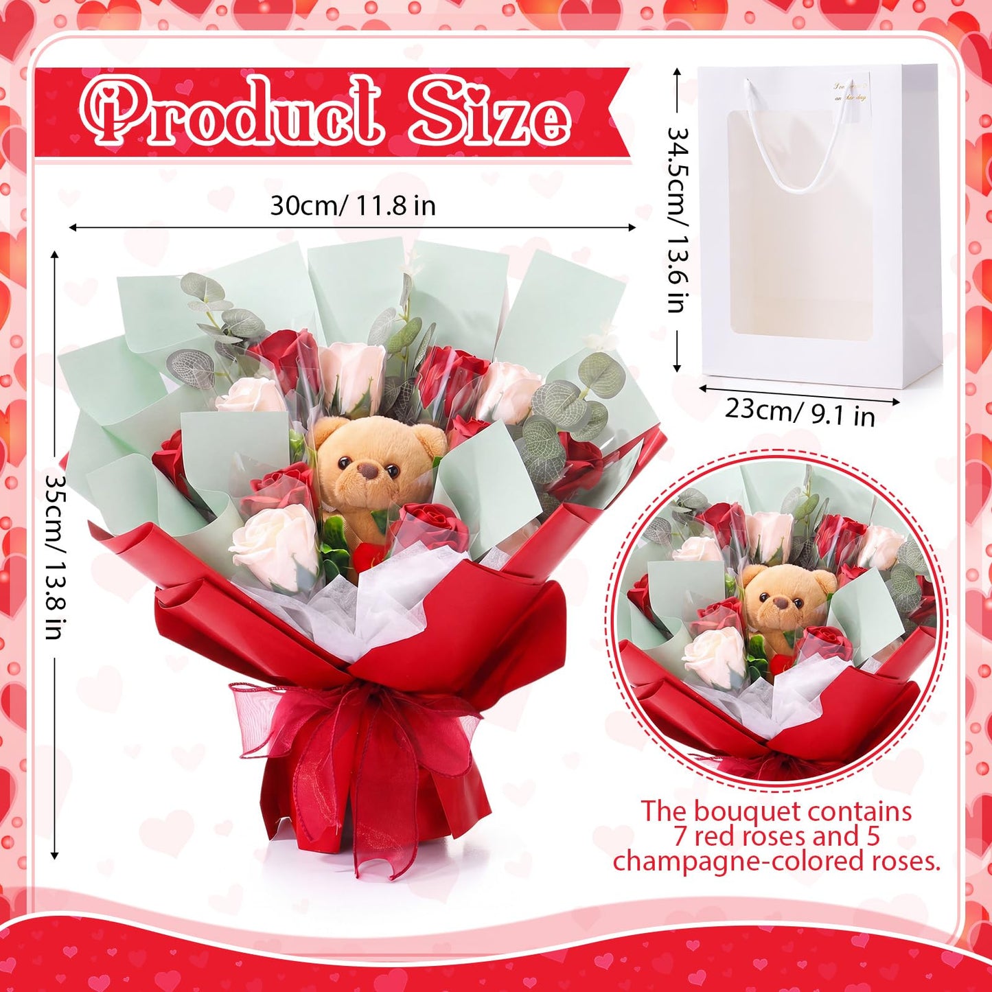 Suncalla Red Mother's Day Money Soap Flower Bouquet Kit, Handcrafted Soap Flower Money Bouquet Kit with Bear and Gift Bag, Unique Wedding, Birthday, Anniversary and Bridal Shower Gift