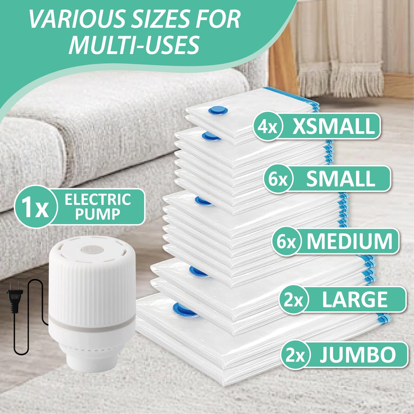 Cozy Essential 20 Pack Vacuum Storage Bags with Electric Pump, Vacuum Seal Bags for Clothing, Pillows, Blanket Bedding Comforters