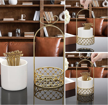 ELLDOO Coffee Spoon Set, 8 Stainless Steel Gold Leaf Coffee Spoons with White Ceramic Holder