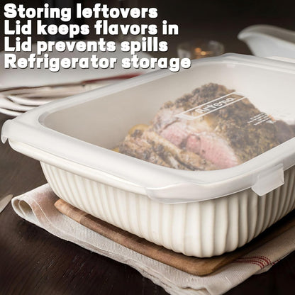 Artena Baking Dish - 5.1 Quart Casserole Dish with Handles | Oven Safe Ceramic Soup Crocks & Lids