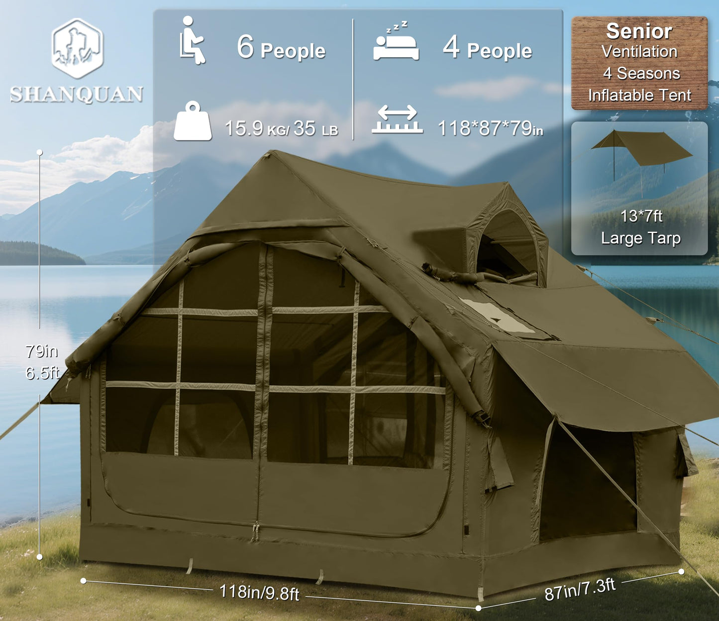 Inflatable Tents for Camping with Skylight, 4/6 Person Easy Setup Blow Up Tents for 4 Seasons Waterproof Inflatable Camping Tent with Awning, Air House Glamping Tents for Camping Adult