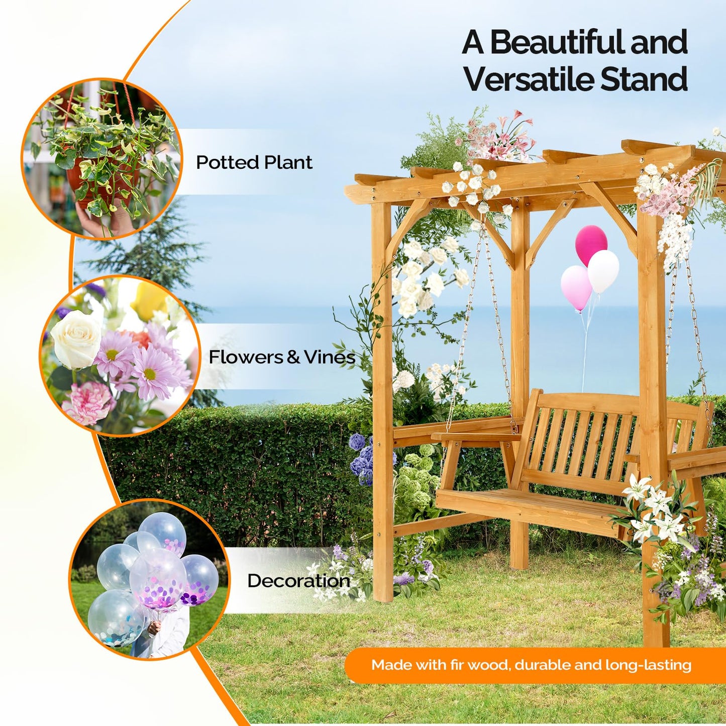 VINGLI 4 FT Heavy Duty Wooden Porch Swing with Stand, Waterproof Patio Swing with Archway-Shaped Swing Set, Outdoor Swing Chair with Frame for Garden, Yard and Patio