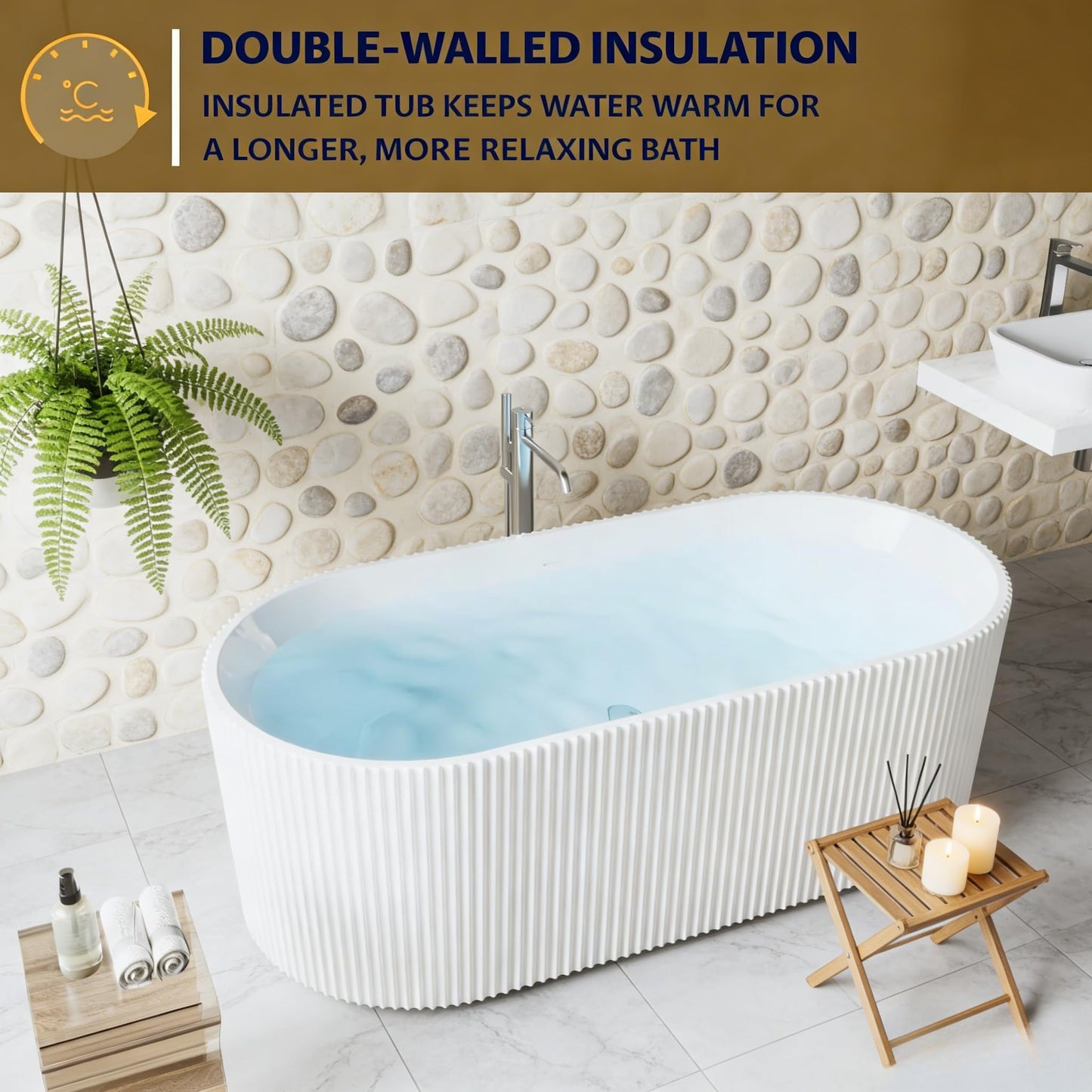 67" Acrylic Freestanding Bathtub, White Soaking Tub with Non-Slip Base, cUPC Certified Free Standing Tub, Chrome Drain Bath Tub, Modern Tub for Bathroom