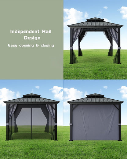 Outdoor Gazebo 12x12 Hardtop, Aluminum Frame Permanent Pavilion with Double Roof, Mosquito Netting & Privacy Curtains for Patio, Garden, Deck, Lawn and Backyard Parties