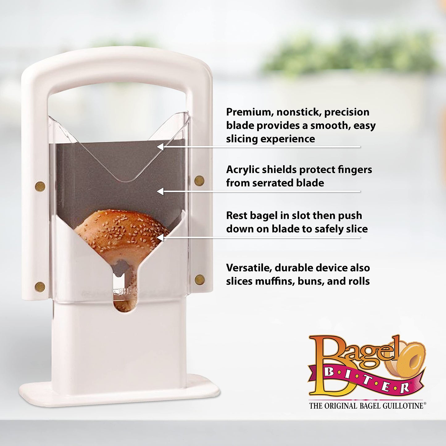 Hoan Bagel Biter Slicer and Cutter with Safety Shield - Serrated Blade Cuts Bagels, Muffins, Buns and Rolls - Dishwasher Safe Bagel Guillotine, 9.25 Inches Tall, White