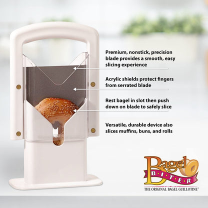 Hoan Bagel Biter Slicer and Cutter with Safety Shield - Serrated Blade Cuts Bagels, Muffins, Buns and Rolls - Dishwasher Safe Bagel Guillotine, 9.25 Inches Tall, White