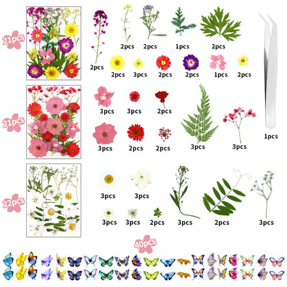 190 Pcs Dried Pressed Flowers for Resin, Real Dried Pressed Flowers for Resin Butterfly Stickers DIY Art with Tweezers Crafts Decorate for Candles Jewelry Nail Crafts