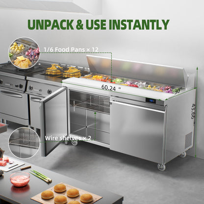 Coolake 60" W 2 Door Commercial Refrigerator Salad Sandwich Prep Table, Stainless Steel 18 Cu.ft Counter Fan Cooling Refrigerator with 16 Pans Restaurant Bar Food Truck, ETL DOE