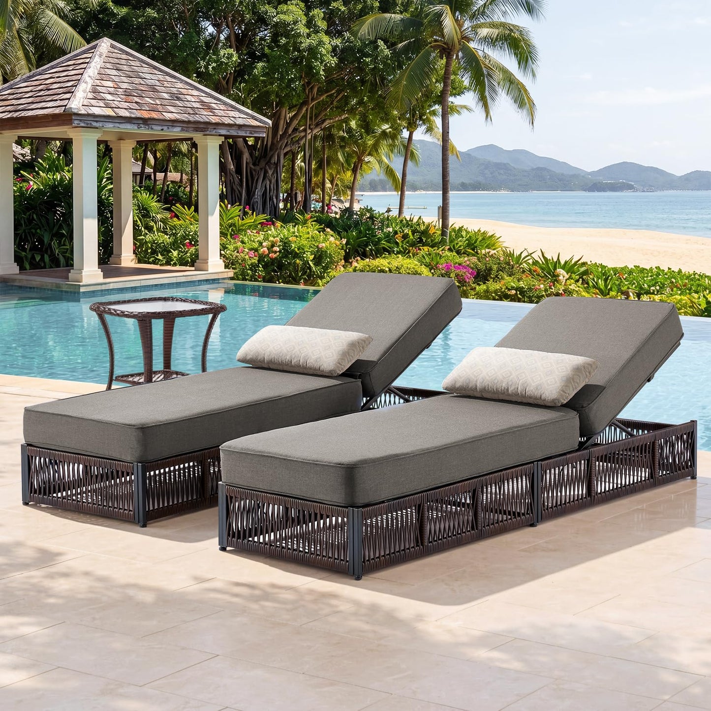 moosprr Outdoor Chaise Lounge Chair with 5-Inch Thick Cushions, 5-Levels Adjustable Reclining Lounger, Wicker Patio Recliner, Pool Chair Sunbathing Lounger for Outdoor, Backyard, Poolside - Grey