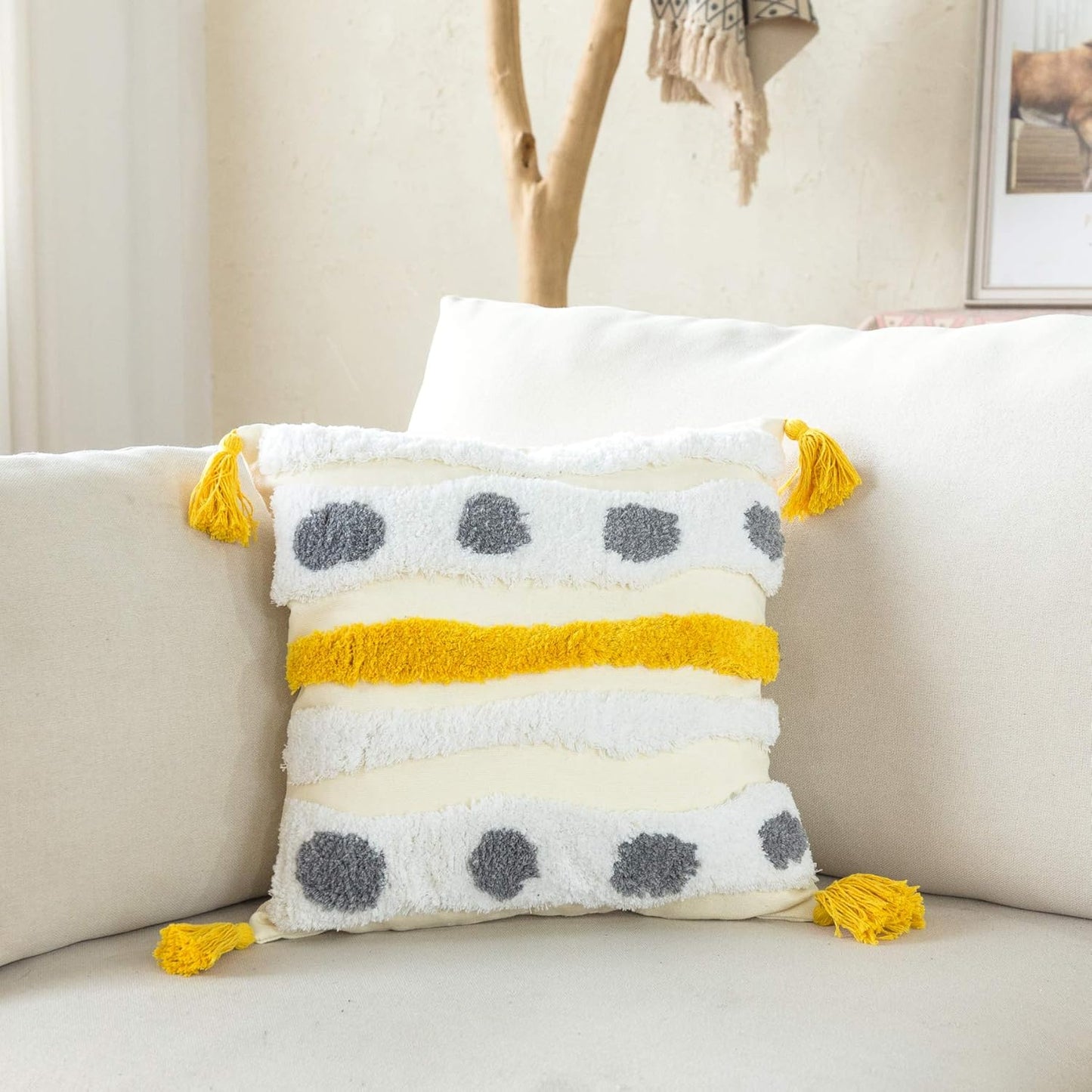 Woven Tufted Farmhouse Boho Throw Pillow Cover - Modern Decorative Multi Color Geometric Stripes, 18 x 18 Inches