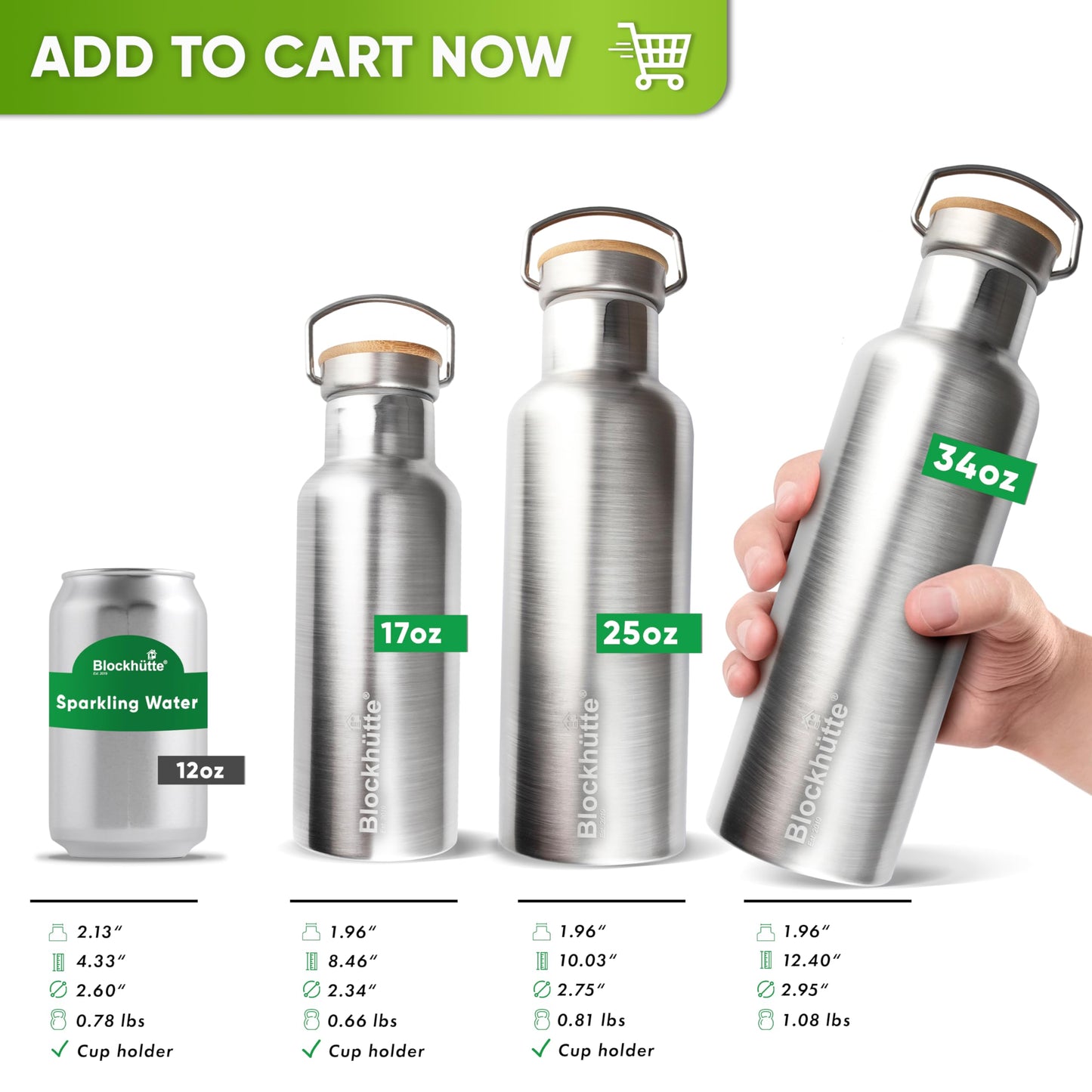 Blockhütte Vacuum Insulated Stainless Steel Water Bottle I 25 oz I Wide Mouth Metal Bottle for hot and cold drinks I BPA-Free I for Travel, School I Kids, Adults, Water Canteen, Sports, flask