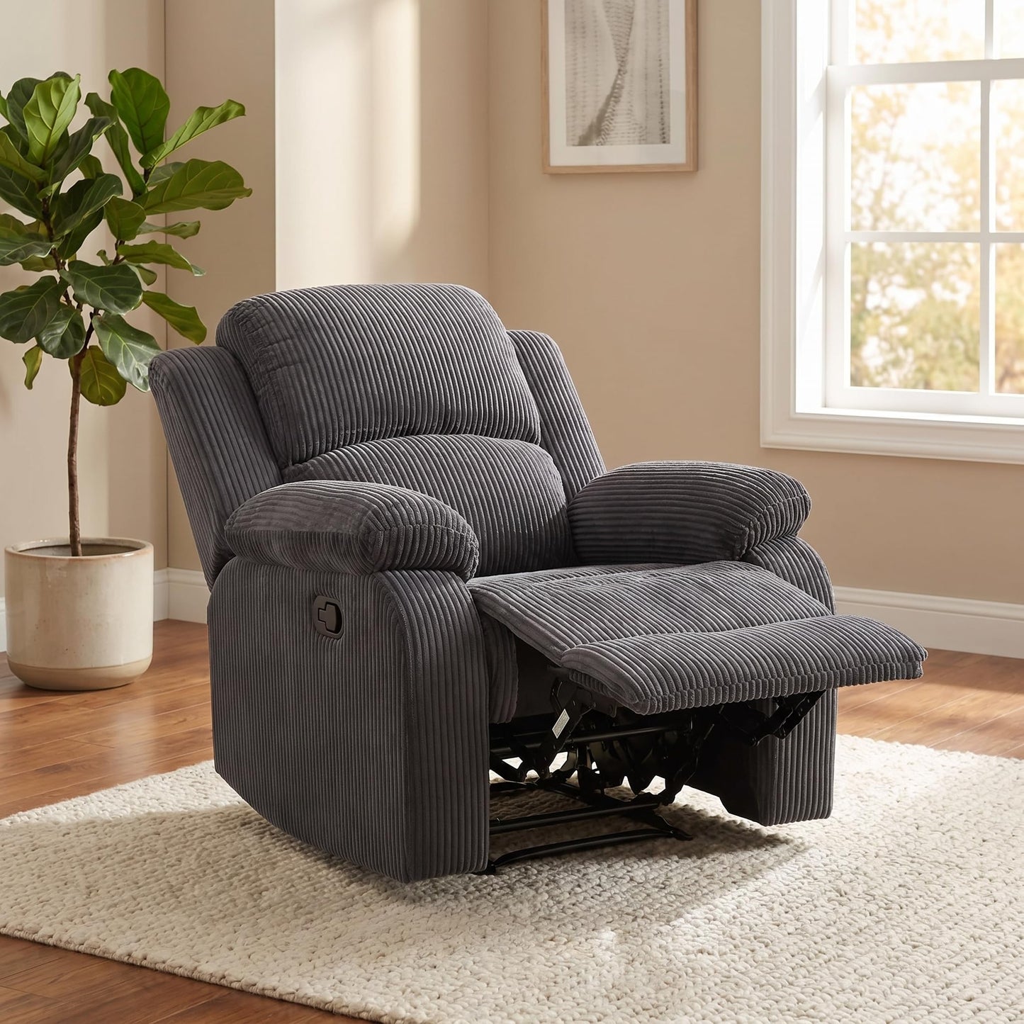 Trygoal Manual Recliner Chair, Nursery Rocking Chair, Corduroy Recliner Chair for Adults, Lazy Boy, Gaming Recliner wih Overstuffed Arms, Suitable for Home Theater, Living Room, Bedroom, Dark Grey