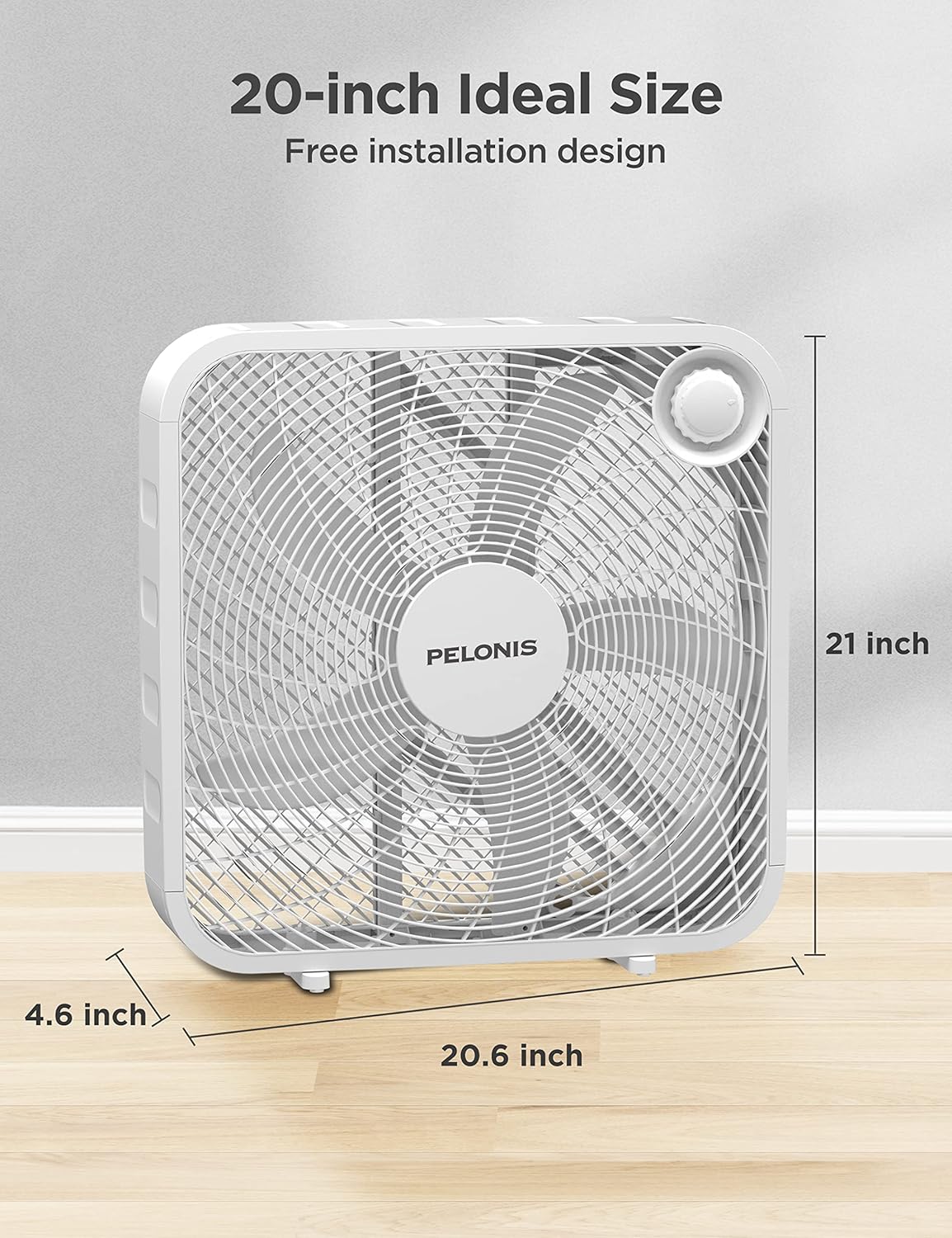 PELONIS 3-Speed Box Fan, Full-Force Circulation, Air Conditioner, White