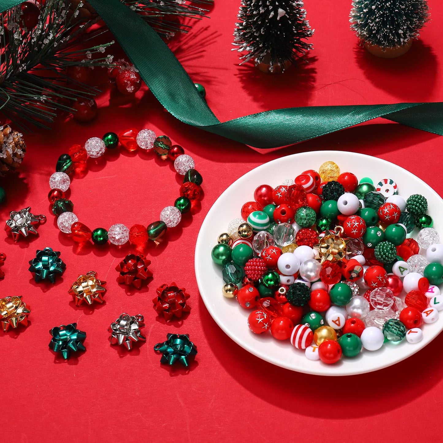 NVENF 600PCS+ Christmas Beads Charms for Jewelry Making, Metallic Christmas Bow Charms, Red Green Clay Beads, Assorted Rhinestone CCB Beads Gold Spacer Beads for DIY Bracelet Necklace Crafts