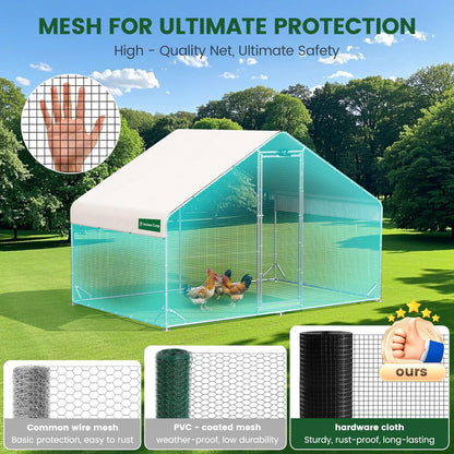 Large Walk-in Metal Chicken Coop with Chicken Run & Hardware Cloth, Solar Light, Waterproof & UV-Resistant Cover, Outdoor Poultry Cage for Farm Use