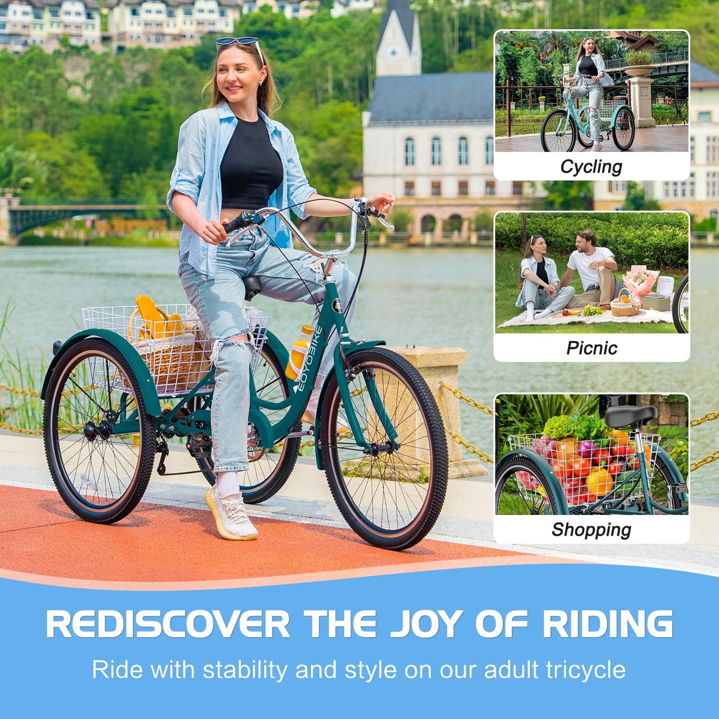 Slsy Adult Tricycle 7 Speed, 20/24/26 Inch Step-Through 3 Wheel Bike for Adults with Large Shopping Basket, 350 lb Capacity Adult Trike for Seniors, Women and Men