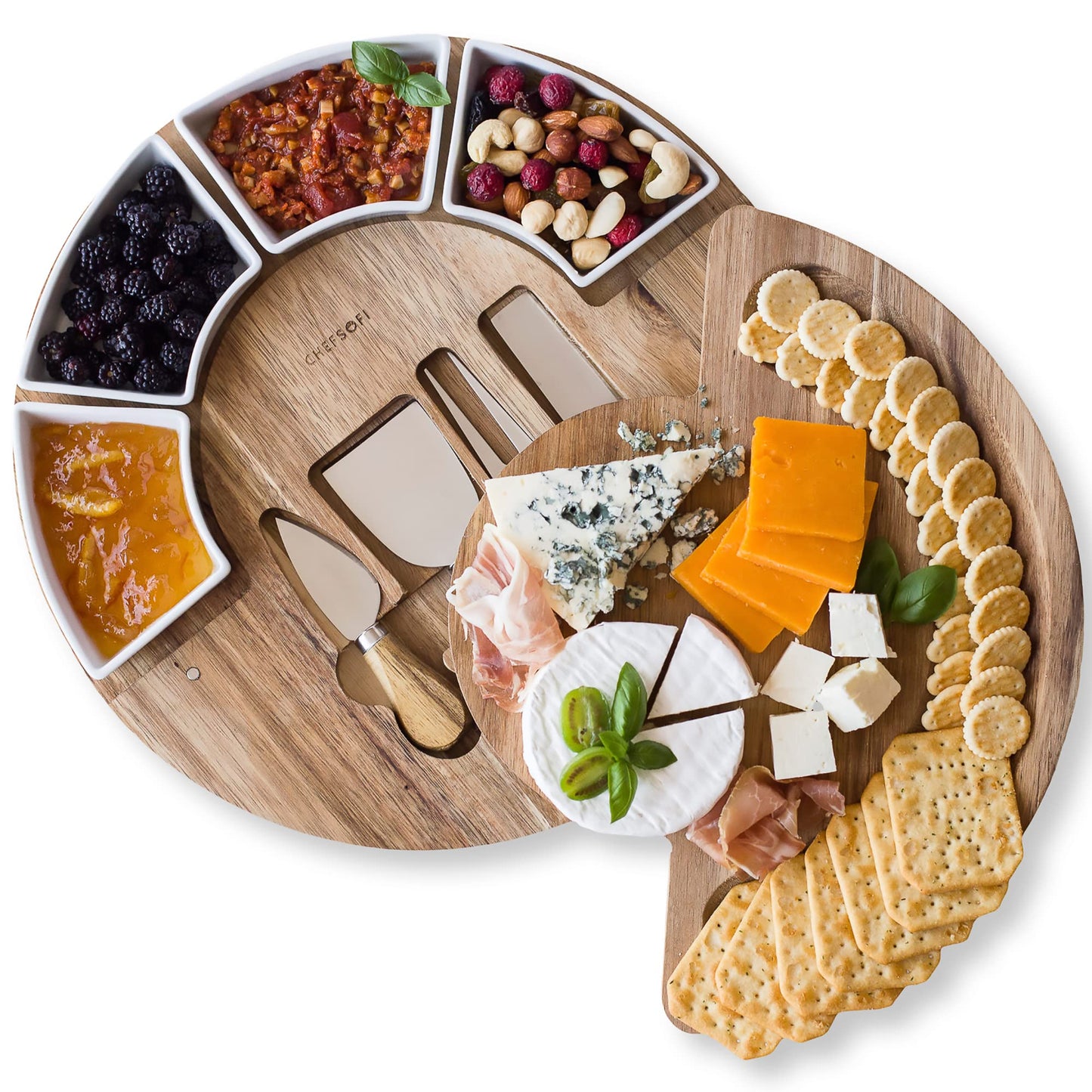 ChefSofi Charcuterie Board Set and Cheese Serving Platter - Made from Acacia Wood - US Patented 13 inch Cheese Board and Knife Set for Entertaining and Serving - 4 Knives and 4 Bowls