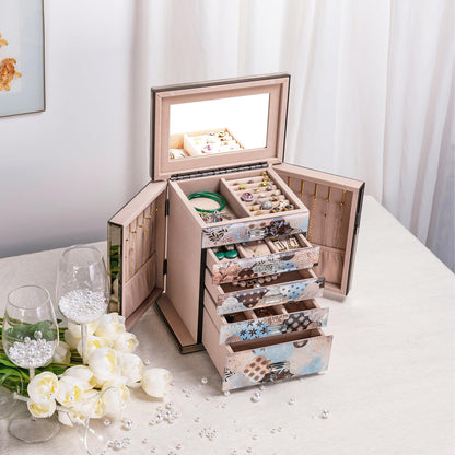 Homruilink High End Glass Jewelry Box, 5 Layer Jewelry Organizer for Women, Side Doors & Mirror, Velvet-Lined Storage for Rings & Necklaces, Ideal Gift (Geometric Floral)