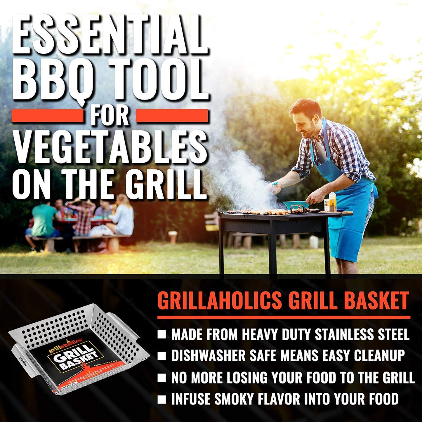 Grillaholics Grill Basket for Outdoor Grill - Durable Premium Stainless Steel Vegetable Grill Basket - XL Family Size BBQ Grill Basket - Perfect Grilling Accessories for Veggies, Fish, Shrimp & Kebabs