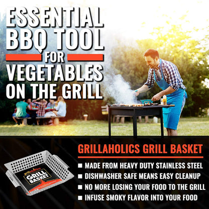 Grillaholics Grill Basket for Outdoor Grill - Durable Premium Stainless Steel Vegetable Grill Basket - XL Family Size BBQ Grill Basket - Perfect Grilling Accessories for Veggies, Fish, Shrimp & Kebabs