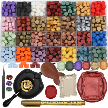 Frame Seal Stamp Kit, 728 Pcs Sealing Wax Beads Set with Electric Wax Seal Warmer Melting Furnace, Frame Waxstamp, Gold Melt Pen, Tweezer (K001)