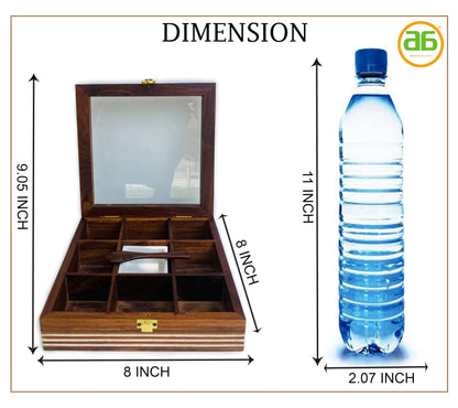 AB Handicrafts Premium Wooden Spice Box with Glass Lid – 9 Compartment Masala Organizer for Kitchen Countertop Storage
