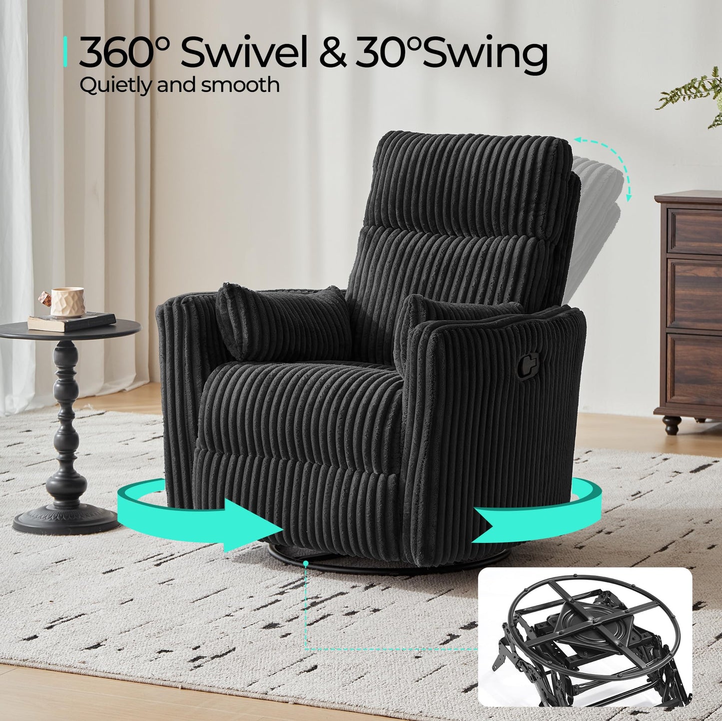 LINSY 360 Swivel Recliner Chair, Nursery Glider Rocking Chair with 2 Pillows, Corduroy Nursing Chair Comfy High Back Adult Rocker Recliner for Small Spaces, Nursery Bedroom Living Room (Black)