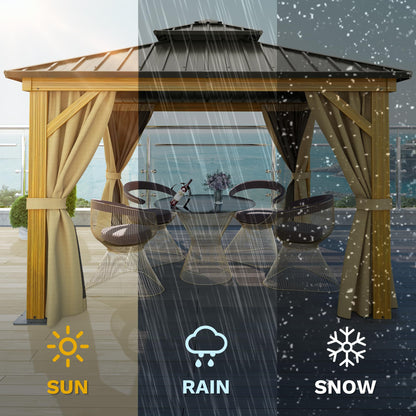 DWVO 10x10ft Gazebo, Wood Grain Aluminum Hardtop Gazebo, Heavy Duty Double Roof Galvanized Steel with Nettings and Curtains for Patio, Backyard, Deck, Lawns, Brown