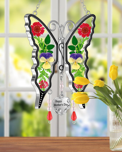 KY&BOSAM Gifts for Women Happy Mother`s Day Butterfly Suncatcher Stained Glass Suncatcher for Window Hanging Home Decor Wind Chime with Pressed Real Flower Garden Decor Gifts for Mom Mothers Day