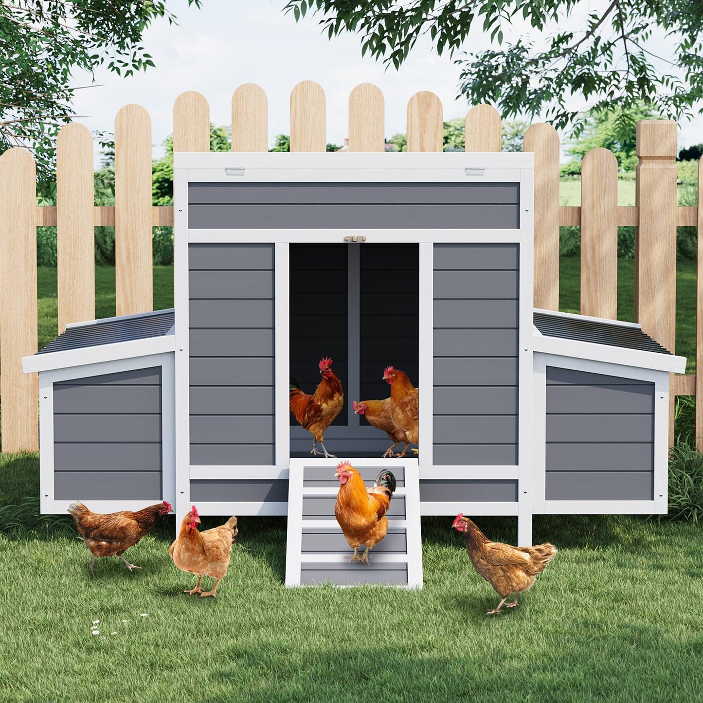 Wooden Chicken Coop, Large Chicken Coop for 4-6 Chickens, with 6 Nesting Boxes, Outdoor Poultry Cage Rabbit Cage with Ramps & Tray, 54.41" x 34.49" x 34.05"