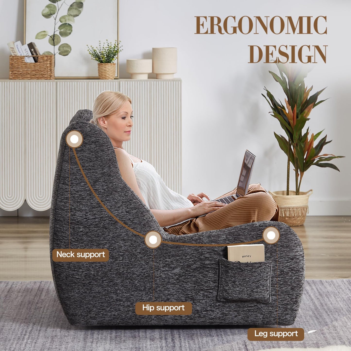 Oversized Bean Bag Chair with Armrests for Adults,Chenille Lounger Filled High Resilience Foam,Lazy Floor Sofa Seat, Reading Gaming Accent Furniture Living Room Bedroom Office Dorm Apartment (Grey)
