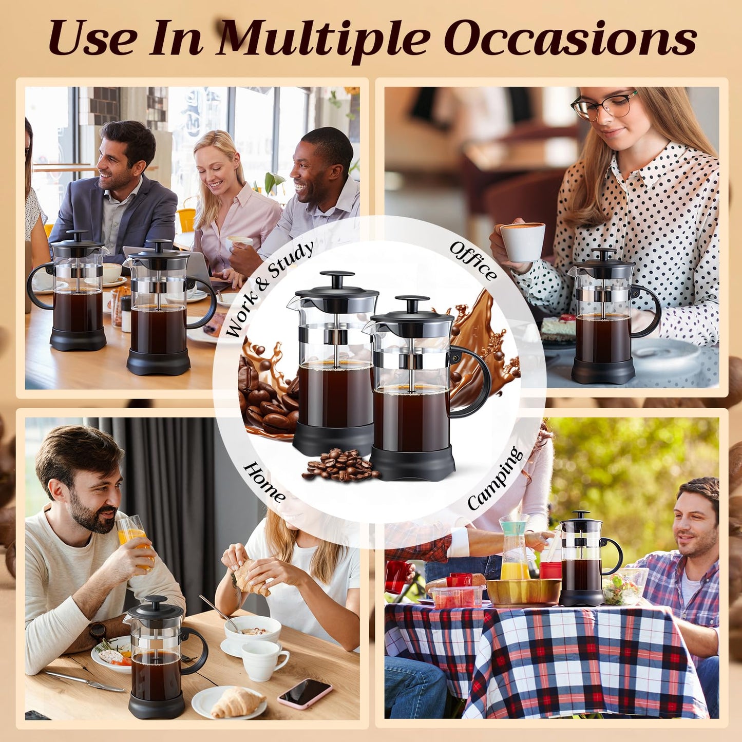 LemonRoad 4 Pack French Press Coffee Maker Borosilicate Glass Coffee Press Heat Resistant Stainless Steel Tea Maker for Travel Camping Kitchen Gifts Includes Pot Filters(12oz)