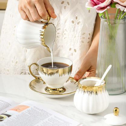 Ceramic Sugar and Creamer Set, White Sugar Bowl & Creamer Set with Gold Trim, 3 Piece with 10oz Cream Pitcher, 11oz Sugar Bowl with Lid and Spoon, Coffee Serving Set for Café, Afternoon Tea