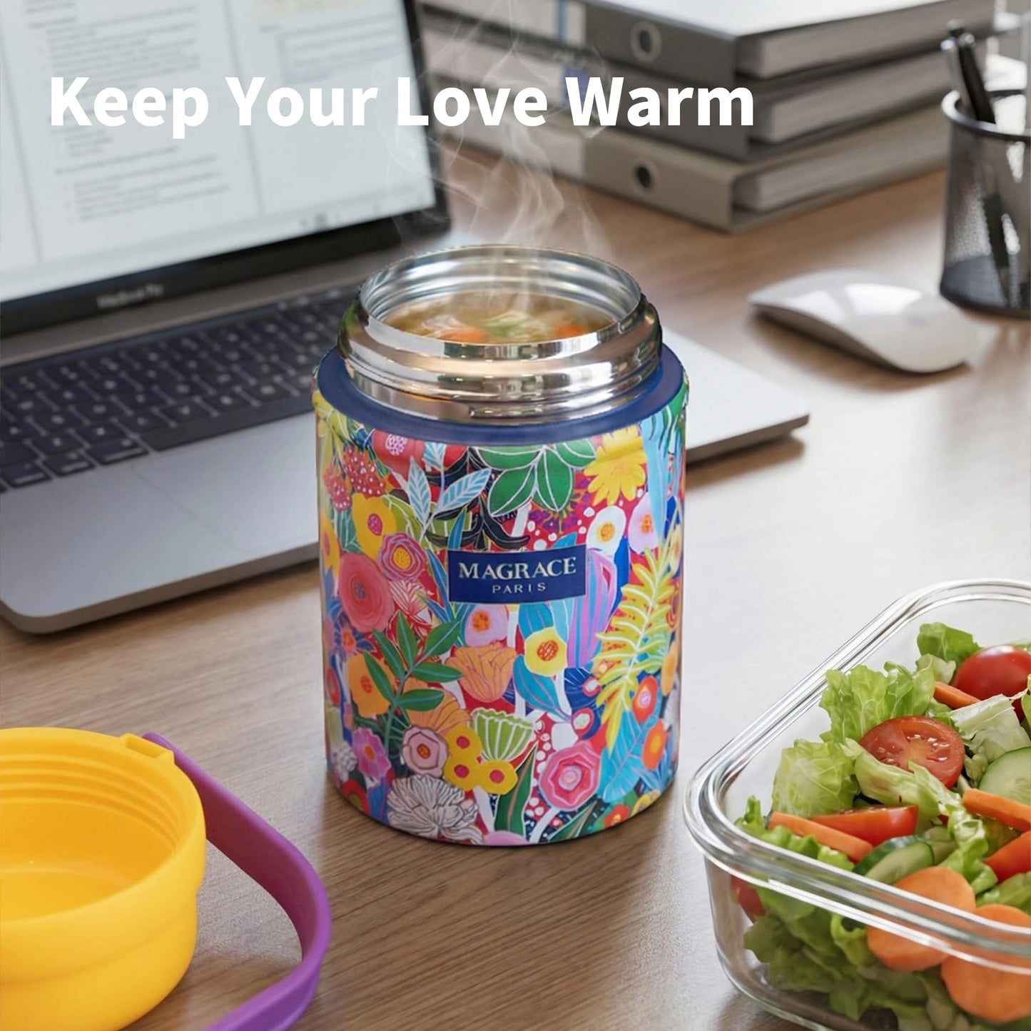 MAGRACE Vaccum Insulated Food Jar - Boho Floral Thermal Lunch Container for Office Outdoor Hot & Cold Meals, Wide Mouth Thermo for Adult, W/Foldable Spoon (Pastoral)